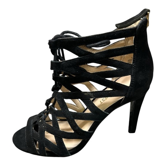 Nine West Authority Black Suede leather Peep Toe Cutout Heels Sz 6 (New)Strappy - Picture 4 of 12